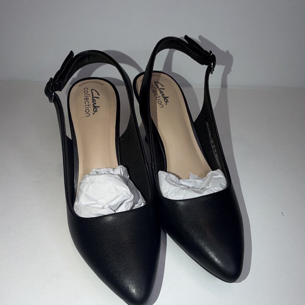 Clarks Black Leather Slingback Heels Buckle Pointed Toe US 8 W EU 39
